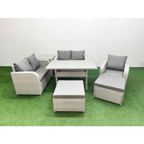 Fimous High Back Poly Rattan Garden Furniture Set with Reclining Chair Loveseat Sofa Rectangular Dining Table Indoor Outdoor Patio  Set 2 Big Stool Side Table Light Grey
