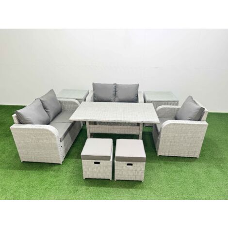 Fimous High Back Poly Rattan Garden Furniture Set with Reclining Chair Loveseat Sofa Rectangular Dining Table Indoor Outdoor Patio  Set 2 Stool 2 Side Table Light Grey