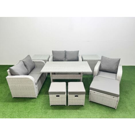Fimous High Back Poly Rattan Garden Furniture Set with Reclining Chair Loveseat Sofa Rectangular Dining Table Indoor Outdoor Patio  Set 3 Stools 2 Side Table Light Grey