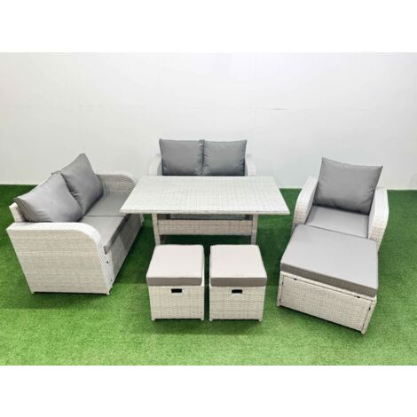 Fimous High Back Poly Rattan Garden Furniture Set with Reclining Chair Loveseat Sofa Rectangular Dining Table Indoor Outdoor Patio  Set 3 Stools Light Grey