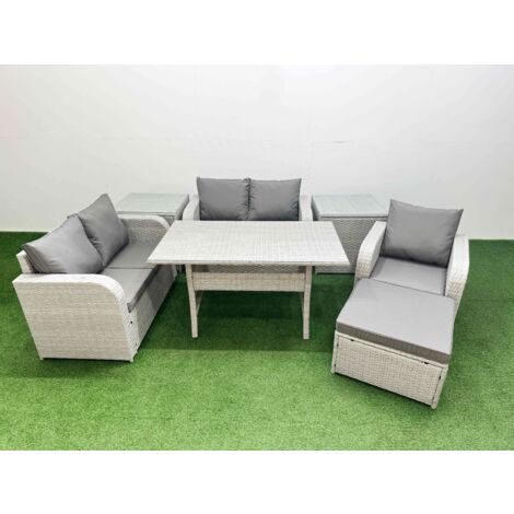 Fimous High Back Poly Rattan Garden Furniture Set with Reclining Chair Loveseat Sofa Rectangular Dining Table Indoor Outdoor Patio  Set Big Stool 2 Side Table Light Grey