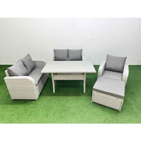 Fimous High Back Poly Rattan Garden Furniture Set with Reclining Chair Loveseat Sofa Rectangular Dining Table Indoor Outdoor Patio  Set Big Stool Light Grey