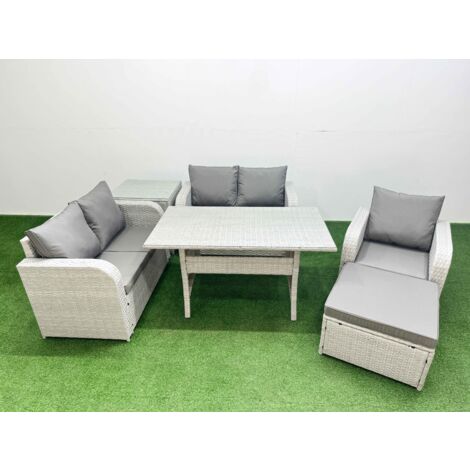 Fimous High Back Poly Rattan Garden Furniture Set with Reclining Chair Loveseat Sofa Rectangular Dining Table Indoor Outdoor Patio  Set Big Stool Side Table Light Grey