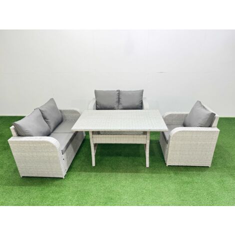 Fimous High Back Poly Rattan Garden Furniture Set with Reclining Chair Loveseat Sofa Rectangular Dining Table Indoor Outdoor Patio  Set Light Grey