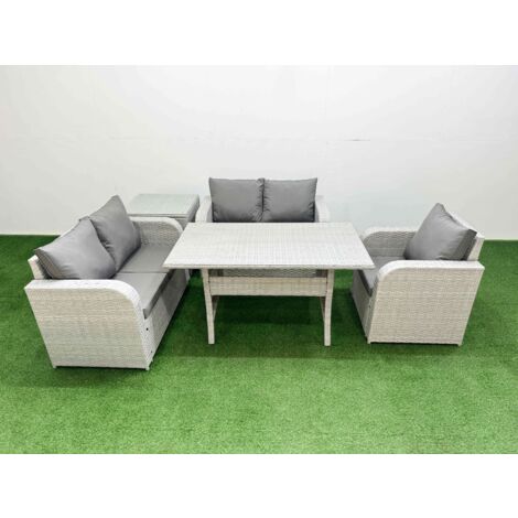 Fimous High Back Poly Rattan Garden Furniture Set with Reclining Chair Loveseat Sofa Rectangular Dining Table Indoor Outdoor Patio  Set Side Table Light Grey