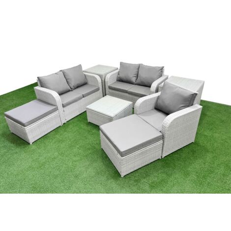 Fimous High Back Poly Rattan Garden Furniture Set with Reclining Chair Loveseat Sofa Square Coffee Table Indoor Outdoor Patio  Set 2 Big Stool 2 Side Table Light Grey