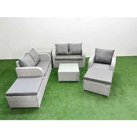 Fimous High Back Poly Rattan Garden Furniture Set with Reclining Chair Loveseat Sofa Square Coffee Table Indoor Outdoor Patio  Set 2 Big Stool Side Table Light Grey