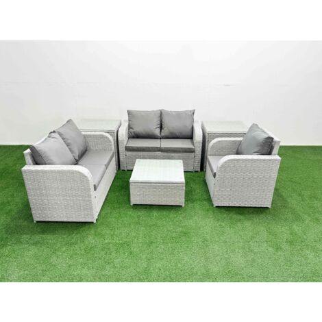 Fimous High Back Poly Rattan Garden Furniture Set with Reclining Chair Loveseat Sofa Square Coffee Table Indoor Outdoor Patio  Set 2 Side Table Light Grey