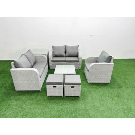 Fimous High Back Poly Rattan Garden Furniture Set with Reclining Chair Loveseat Sofa Square Coffee Table Indoor Outdoor Patio  Set 2 Stool Side Table Light Grey