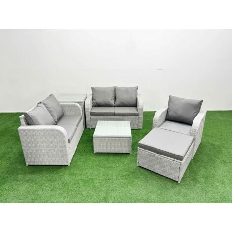 Fimous High Back Poly Rattan Garden Furniture Set with Reclining Chair Loveseat Sofa Square Coffee Table Indoor Outdoor Patio  Set Big Stool Side Table Light Grey