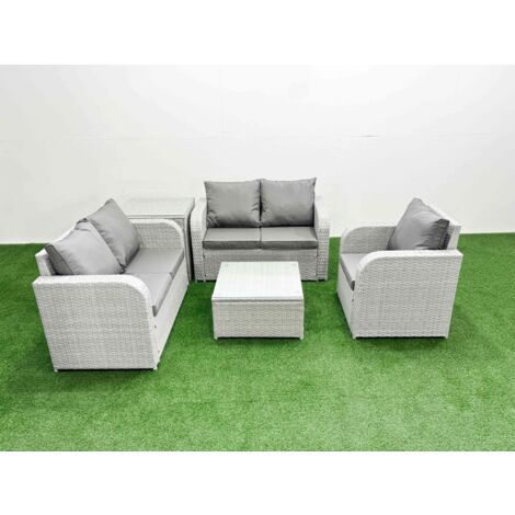 Fimous High Back Poly Rattan Garden Furniture Set with Reclining Chair Loveseat Sofa Square Coffee Table Indoor Outdoor Patio  Set Side Table Light Grey