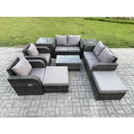 Fimous High Back Rattan Garden Furniture Set with Loveseat Sofa Rectangular Coffee Table 2 Side Tables 2 Big Footstool Indoor Outdoor Patio Lounge Sofa Set Dark Grey Mixed