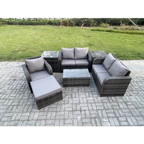 Fimous High Back Rattan Garden Furniture Set with Loveseat Sofa Rectangular Coffee Table 2 Side Tables Big Footstool Indoor Outdoor Patio Lounge Sofa Set Dark Grey Mixed