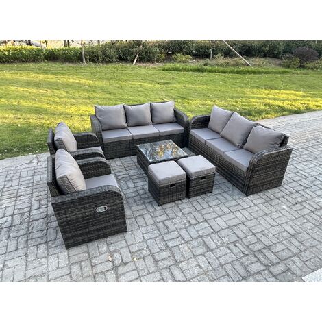 Fimous High Back Rattan Garden Furniture Set with Square Coffee Table 2 Small Footstools Indoor Outdoor Patio Lounge Sofa Set Dark Grey Mixed