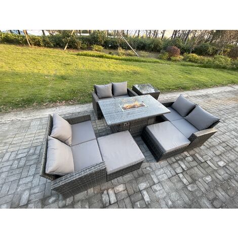 Fimous High Back Rattan Garden Furniture Sofa Sets with Outdoor Furniture Gas Firepit Dining Table Set 2 Big Footstool Side Table Dark Grey Mixed