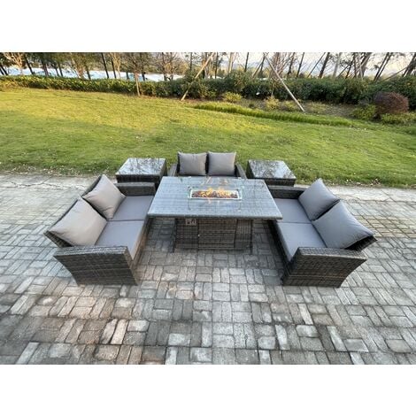 Fimous High Back Rattan Garden Furniture Sofa Sets with Outdoor Furniture Gas Firepit Dining Table Set 2 Side Tables Dark Grey Mixed