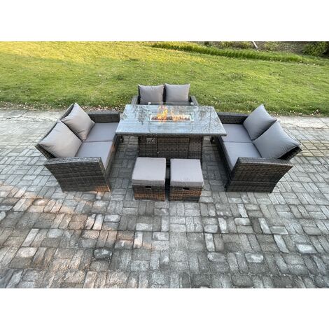 Fimous High Back Rattan Garden Furniture Sofa Sets with Outdoor Furniture Gas Firepit Dining Table Set 2 Small Footstools Dark Grey Mixed