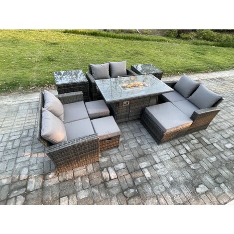 Fimous High Back Rattan Garden Furniture Sofa Sets with Outdoor Furniture Gas Firepit Dining Table Set 3 Footstools 2 Side Tables Dark Grey Mixed