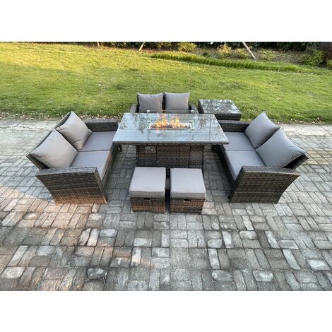 Fimous High Back Rattan Garden Furniture Sofa Sets with Outdoor Furniture Gas Firepit Dining Table Set Side Table 2 Small Footstools Dark Grey Mixed