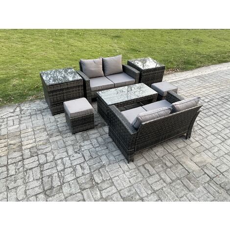 Fimous High Back Rattan Garden Furniture Sofa Sets with Rectangular Coffee Table 2 Side Tables 2 Small Footstools Dark Grey Mixed