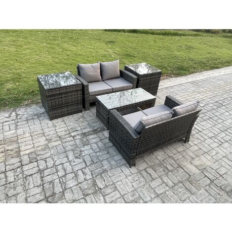 Fimous High Back Rattan Garden Furniture Sofa Sets with Rectangular Coffee Table 2 Side Tables Dark Grey Mixed
