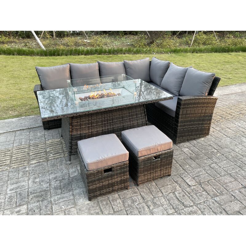 High Back Rotin Garden Furniture Set Gas Firepit Table à Manger Set Chauffage Au Gaz Coin Droit Canapé Petit Tabouret 8 Places - Fimous