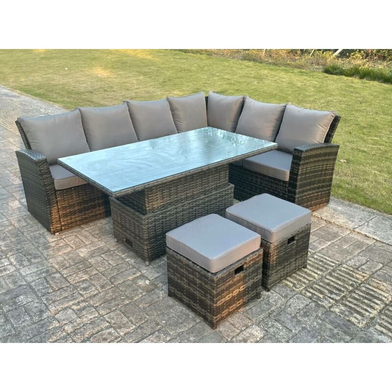 High Back Rotin Meubles De Jardin Coin Canapé Set Réglable Table Élévatrice Gris Foncé Mixte 8 Places Coin Droit - Fimous