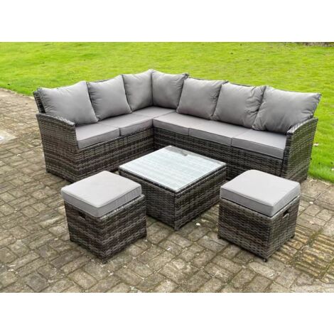 Fimous Hoher Rücken Dunkelgrau gemischt Rattan Ecksofa Set Gartenmöbel Quadratischer Couchtisch 2 kleine Fußhockern 8 Sitzer
