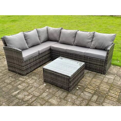 Fimous Hoher Rücken Dunkelgrau gemischt Rattan Ecksofa Set Gartenmöbel Quadratischer Couchtisch 6 Sitzer