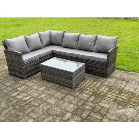 Fimous Hoher Rücken Dunkelgrau gemischt Rattan Ecksofa Set Gartenmöbel Rechteckiger Couchtisch 6 Sitzer