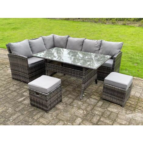 Fimous Hoher Rücken Dunkelgrau gemischt Rattan Ecksofa Set Gartenmöbel Rechteckiger Esstisch 2 kleine Fußhockern 8 Sitzer