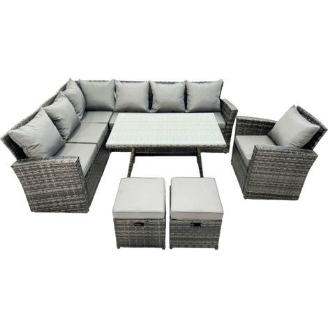 Fimous Hoher Rücken Dunkelgrau gemischt Rattan Ecksofa Set Gartenmöbel Rechteckiger Esstisch 2 kleine Fußhockern Sessel 9 Sitzer