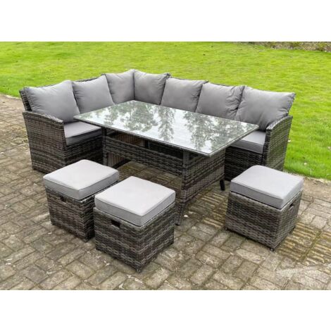 Fimous Hoher Rücken Dunkelgrau gemischt Rattan Ecksofa Set Gartenmöbel Rechteckiger Esstisch 3 Kleine Hockern 9 Sitzer