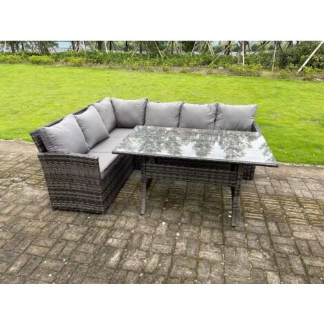Fimous Hoher Rücken Dunkelgrau gemischt Rattan Ecksofa Set Gartenmöbel Rechteckiger Esstisch 6 Sitzer