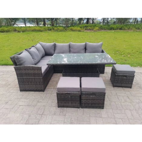 Fimous Hoher Rücken Gartenmöbel-Set Höhenverstellbarer Esstisch 9 Sitzer 3 Kleiner Hockern