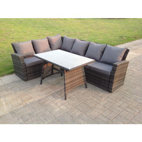 Fimous Hoher Rücken Grau gemischt Gartengartenmöbel Rattan Ecksofa Esstisch Set Tisch 6 Sitzer Linke Ecke