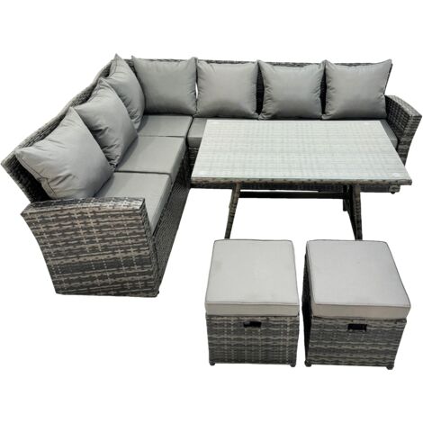 Fimous Hoher Rücken Rattan Ecksofa Set Esstisch Gartenmöbel Dunkelgrau gemischt Linke Option