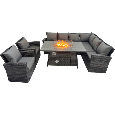 Fimous Hoher Rücken Rattan Ecksofa Set Gartenmöbel Sofa Gas Feuertisch Gasheizung mit 2 Sessel 8 Sitzer