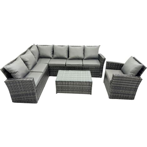 Fimous Hoher Rücken Rattan Ecksofa Set Länger Couchtisch Gartenmöbel Dunkelgrau Linke Option mit Extra Sessel