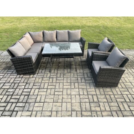 Fimous Hoher Rücken Rattan Gartenmöbel Set Polyrattan Ecksofa Esstisch Set mit 2 Sesseln 8 Sitzer Dunkelgrau gemischt