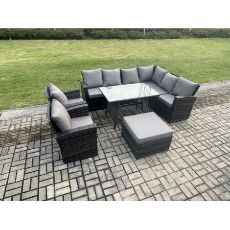 Fimous Hoher Rücken Rattan Gartenmöbel Set Polyrattan Ecksofa Esstisch Set mit 2 Sesseln Großer Fußhocker 9 Sitzer Dunkelgrau gemischt