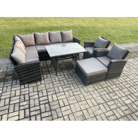 Fimous Hoher Rücken Rattan Gartenmöbel Set Polyrattan Ecksofa Esstisch Set mit Großer Fußhocker Sesseln Dunkelgrau gemischt