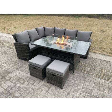Fimous Hoher Rücken Rattan Gartenmöbel-Sets Gas Feuertisch Set Gasheizung Links Ecksofa Kleiner Hockern 8 Sitzer