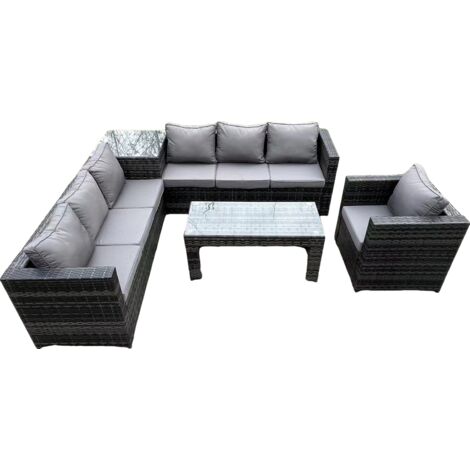 Fimous Housse de canapé d'angle en rotin pour 7 personnes avec table d'appoint carrée et fauteuil de table basse rectangulaire gris foncé mix
