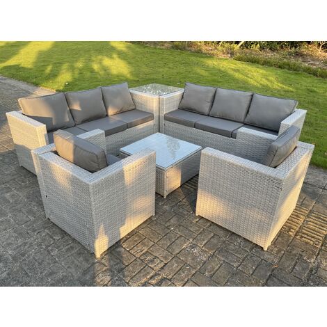 Fimous Light Grey Corner Rattan Garden Outdoor Sofa Set Chairs Sofa Side Table Square Coffee Table 8 Seater