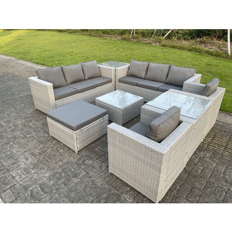 Fimous Light Grey Outdoor PE Rattan Garden Furniture Set Wicker Sofa Set Square Coffee Table 2 Armchair 2 Side Table 9 Seat