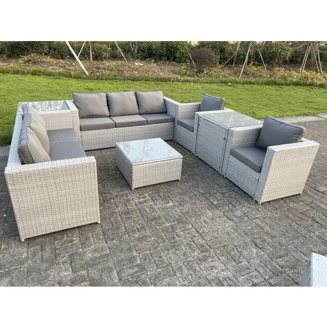 Fimous Light Grey Outdoor PE Rattan Garden Furniture Set Wicker Sofa Set Square Coffee Table 2 Armchair Side Table