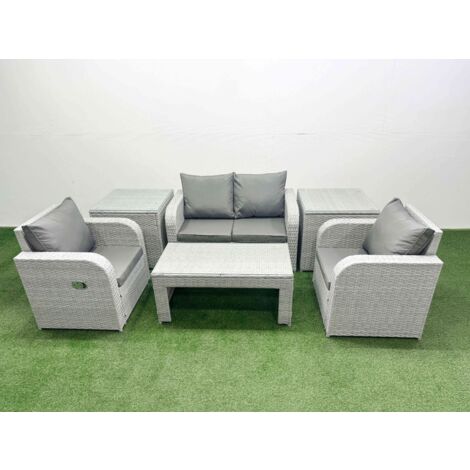 Fimous Light Grey PE Wicker Rattan Garden Furniture Set Sofa Set Reclining Adjustable Chair Oblong Coffee Table 4 Seater With 2 Side Table