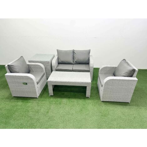 Fimous Light Grey PE Wicker Rattan Garden Furniture Set Sofa Set Reclining Adjustable Chair Oblong Coffee Table 4 Seater With Side Table