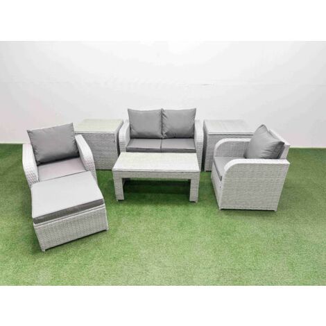 Fimous Light Grey PE Wicker Rattan Garden Furniture Set Sofa Set Reclining Adjustable Chair Oblong Coffee Table 5 Seater With Footstool 2 Side Table
